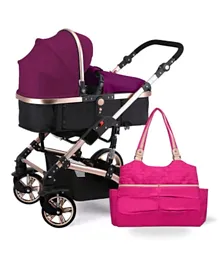 Teknum 3 in 1 Pram Stroller with Fashion Diaper Tote Bag - Purple & Black