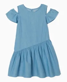 فستان زيبي بأكمام قصيرة - أزرق