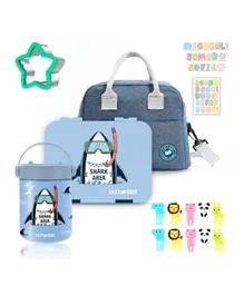 Eazy Kids - 4 Compartment Bento Lunch Box w/ Lunch Bag and Steel Food Jar Shark - Blue