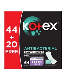 Kotex - Antibacterial Long Panty Liners, Pack Of 64 Liners