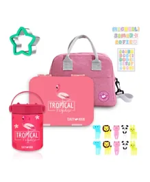 Eazy Kids - 6/4 Compartment Bento Lunch Box w/ Lunch Bag and Steel Food Jar Tropical - Pink