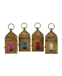 Hilalful - Mini Brass Antique Style Lanterns - Multi Color Glass (Set Of 4)