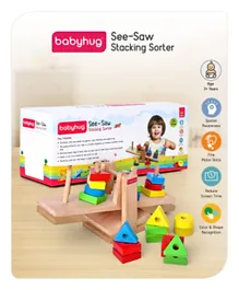 Babyhug Montessori Wooden See Saw Stacking Sorter Toy Multicolour - 16 Pieces