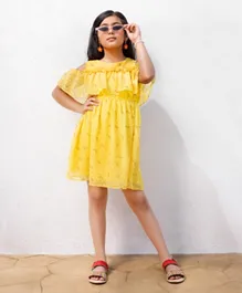 Hola Bonita Cold Shoulder Frock with Rainbow Print & Matching Scrunchie - Yellow