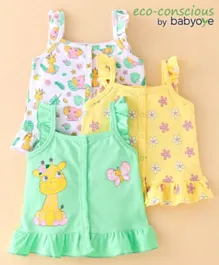 Babyoye Flutter Sleeves Vests Giraffe & Floral Print Pack of 3 - Green Yellow