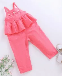 Babyoye Singlet Sleeves Cotton Floral Embroidered Jumpsuit Dot Print - Pink