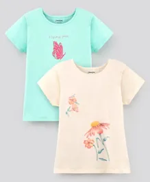 Primo Gino Half Sleeves Cotton T Shirt  Floral Print & Glitter Print Pack of 2 - Peach Green
