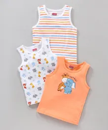 Babyhug 100 % Cotton Sando Sleeveless Striped & Animal Print Vests Pack Of 3 - White Orange