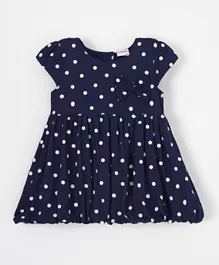 Babyhug Woven Cap Sleeves Polka Dots Printed Frock with Bow Applique - Navy