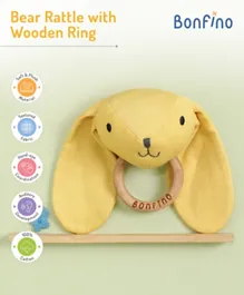 Bonfino Bear Rattle with Wooden Ring - Safe for 3 Months+, Perfect Grip, Motor Skills Development, Soft Yellow, 12x12cm