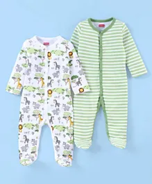 Babyhug Full Sleeves Sleep Suit Striped and Lion Print Pack of 2 - White & Green