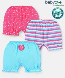 Babyoye Eco Conscious Anti Bacterial Cotton Stripes & Heart Print Bloomers Pack of 3 - Multicolour
