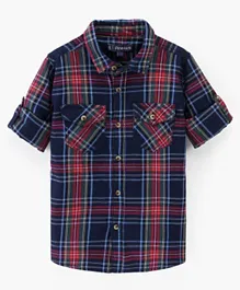 Pine Kids Cotton Turn Up Full Sleeves Check Shirt With Double Flap Pockets - Red Blue