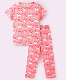 ToffyHouse Half Sleeves Night Suit Unicorn Print- Pink