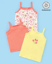 Babyhug 100% Cotton Antibacterial  Sleeveless Slips Dot & Floral Print Pack Of 3- Yellow & Orange
