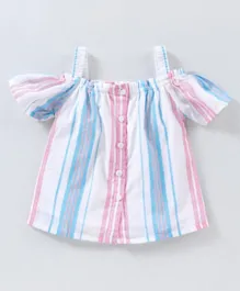 Babyhug Half Sleeves Off Shoulder Striped Cotton Lurex Woven Top- Pink & Blue