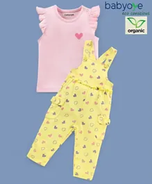 Babyoye Eco-Conscious Cotton With Eco Jiva Finish Short Sleeves Heart Print T-shirt and Dungaree Set - Pink  & Yellow