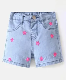 Bonfino Cotton Elastane Above Knee Length Denim Shorts With Flower Embroidery - Light Blue