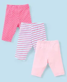 Babyhug Cotton Lycra Three Fourth Length Leggings Stripes & Heart Print Pack of 3- Pink & Blue