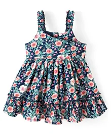 Babyhug Singlet Sleeves Rayon Fit and Flare Woven Frock with Floral Print - Blue