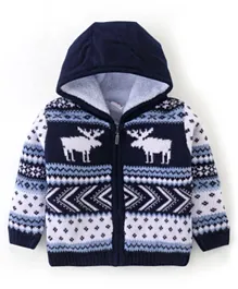 Babyhug Full Sleeves Hooded Sweater Reindeer Design- Navy Blue & White