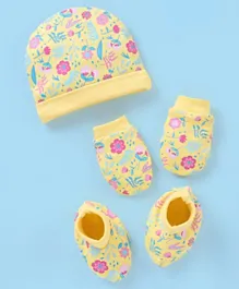 Babyhug Cotton Floral Print Cap Mittens & Booties Set - Yellow
