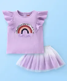 Babyhug 100% Cotton Knit Frill Sleeves Top & Skirt Set Rainbow Sequins - Lilac
