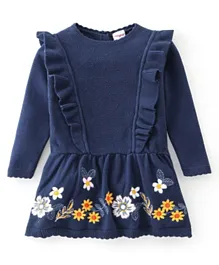 Babyhug Full Sleeves Woollen Dress Floral Design - Navy Blue