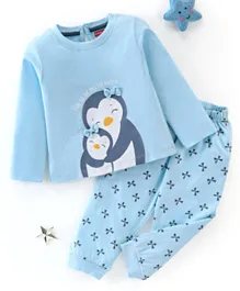 Babyhug Cotton Knit Full Sleeves Night Suit with Bow Appliques & Penguin Print - Sky Blue