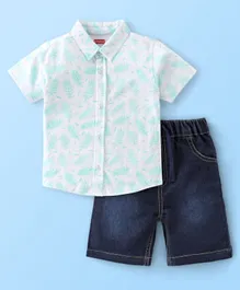بيبي هاغ - قميص جيرسي نصف كم وشورت جينز بطباعة أوراق الشجر - أبيض وأزرق