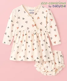 Babyoye Eco-Conscious Cotton Full Sleeves Frock with Bloomer Heart Print - Cream