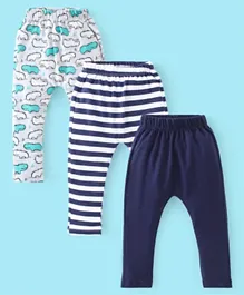 Babyhug Cotton Knit Full Length Diaper Pants Stripes & Hippo Print Pack Of 3- Grey White & Blue
