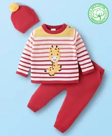 Babyhug Full Sleeves Organic Cotton Striped Sweater and Pant Set with Pom Pom Cap Giraffe Patch - Red