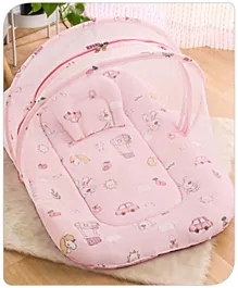 Babyhug Cotton Bedding Set with Mosquito Net Bunny Print- Pink