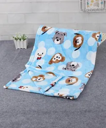 Babyhug Animal Faces Single Ply Mink Blanket - Soft, Warm, Cozy for Infants 0-12 Months, 100x80 cm, Blue