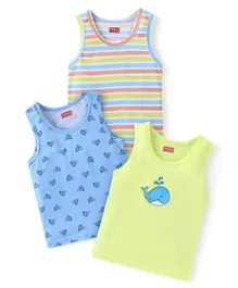 Babyhug 100% Cotton Knit Sleeveless Striped Sandos Whales Print Pack of 3 - Multicolour