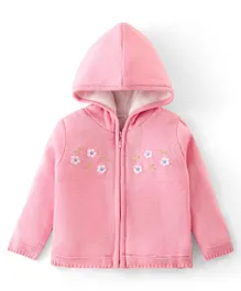 Babyhug Acrylic Knit Full Sleeves Hooded Sweater with Floral Design - Pink