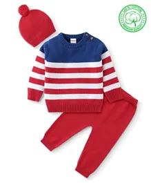 Babyhug Organic Cotton Knit Full Sleeves Striped Sweater Set - Red & Blue