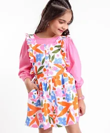 Ollington St. Full Sleeves Top with Pinafore Text & Floral Print - Pink