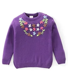 Babyhug Knit Full Sleeves Sweater Pullover with Floral Embroidery -Purple