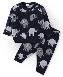 Babyhug 100% Acrylic Full Sleeves Sweater Set With Elephant Print - Navy Blue