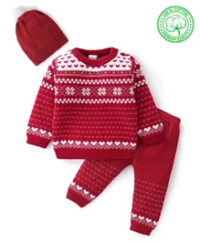 Babyhug Organic Cotton Knit Baby Sweater Set Intarsia Design - Red