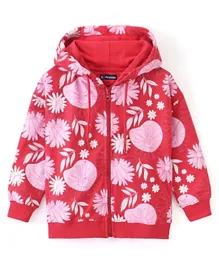 Pine Kids Full Sleeves Hooded Front Open Biowashed Sweatjacket Floral Print - Red