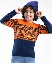 Pine Kids Acrylic Knit  Full Sleeves Abstract Design Sweater - Orange & Black