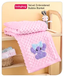 Babyhug Velvet Elephant Embroidered Bubble Blanket - Pink