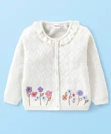 Babyhug Knitted Full Sleeves Front Open Sweater with Floral Design - White