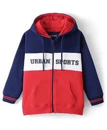 Pinekids Cotton Knit Biowashed Full Sleeves Hooded Sweatshirt With Text Print - Navy Blue & Red