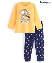 Honeyhap Premium Cotton Text Printed Full Sleeves Night Suit with Bio Finish - Yellow & Navy Peony