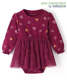Babyoye Eco Conscious 100% Cotton Full Sleeves Frock Style Onesie with Heart Print - Maroon