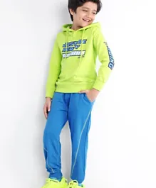 Ollington St. 100% Cotton Full Sleeves Hooded Sweatshirt & Joggers Set with Placement Print - Lime Green & Blue